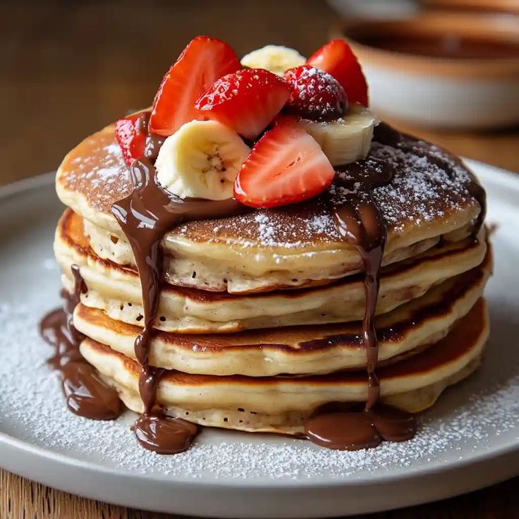 🍓🍌 Fluffy Pancakes with Chocolate Drizzle & Fresh Fruit